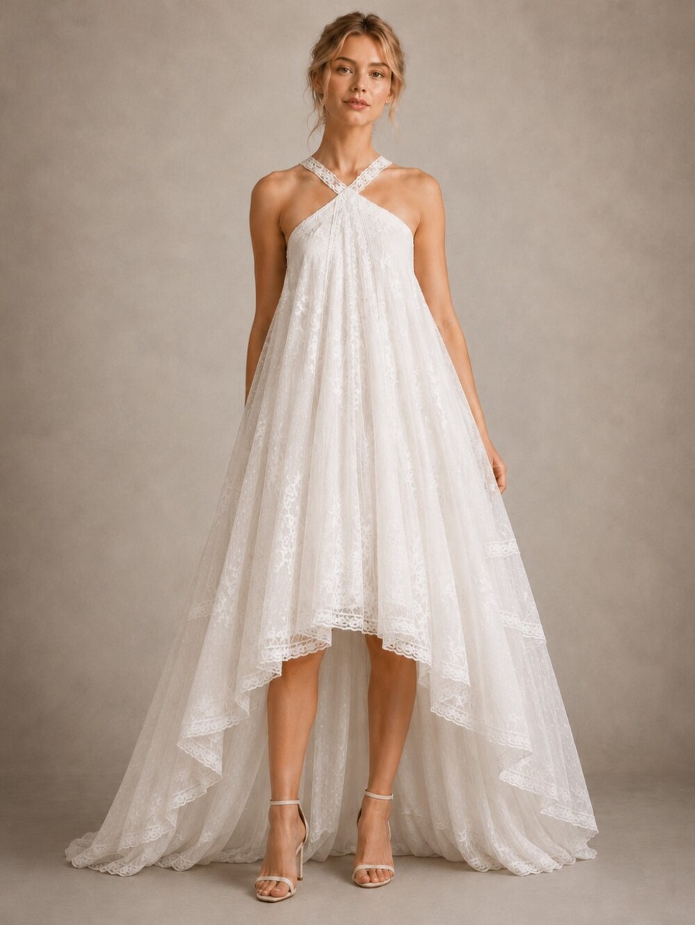 Ivory Lace High Low Wedding Dress, Flowy Tulle Bridal Dress, Refashioned